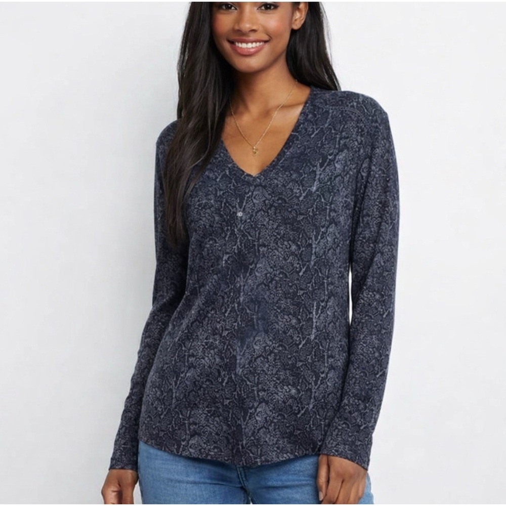 Rails Jersey Top Ladies Size M Charcoal Grey Snakeskin Print Long Sleeve Casual‎